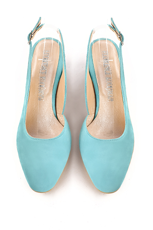 Aquamarine blue women's slingback shoes. Round toe. Medium flare heels. Top view - Florence KOOIJMAN